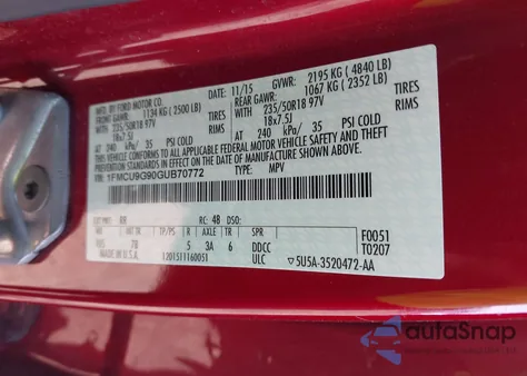 2016 Ford Escape Se from USA, damaged, VIN 1FMCU9G90GUB70772